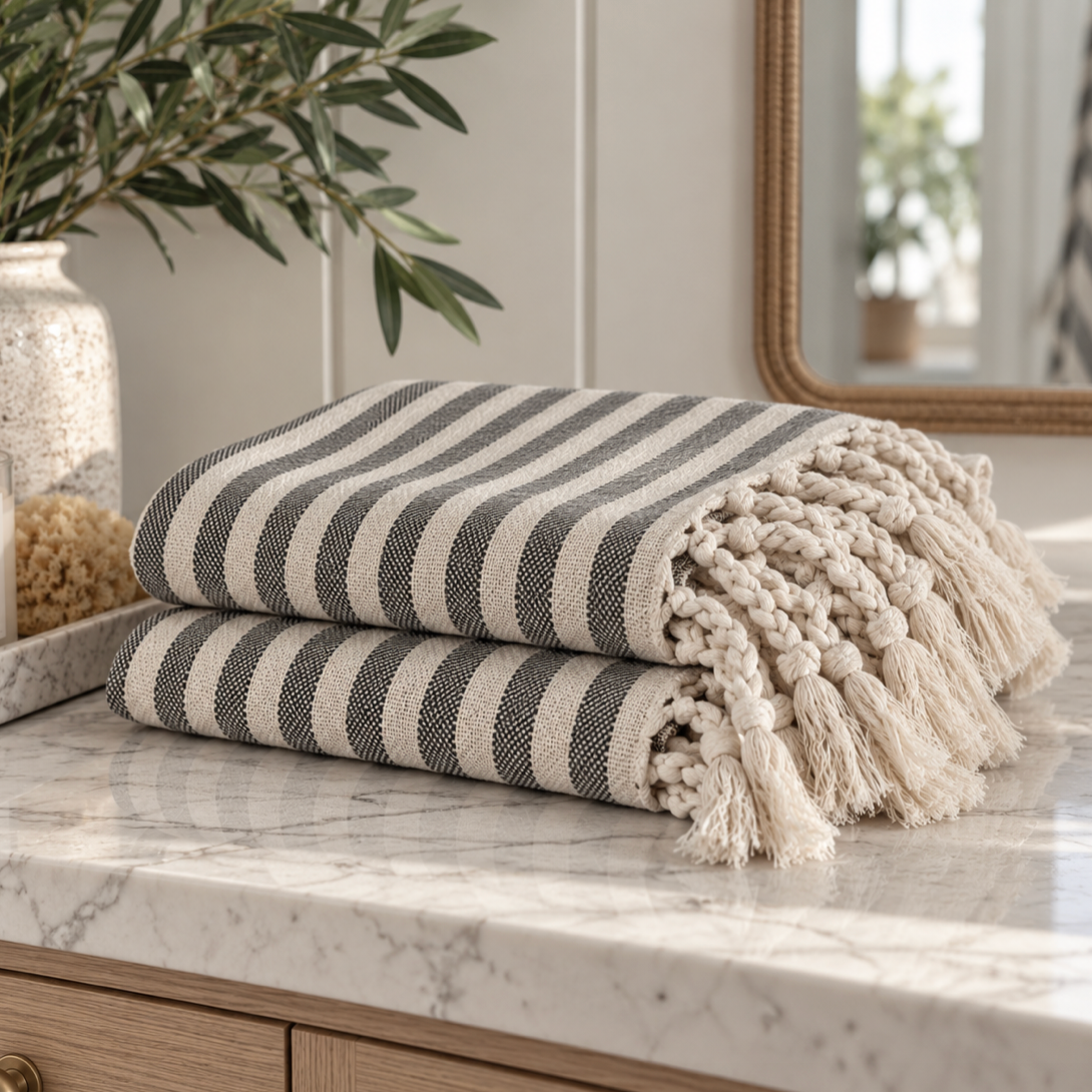 Neutral gray striped bath towel with ivory woven-look bands and knotted fringe detail
