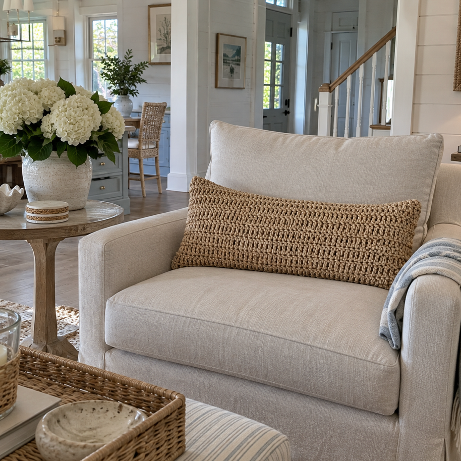 Neutral hand crocheted lumbar pillow for coastal decor