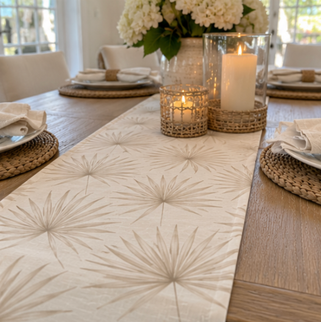 Neutral leaf pattern table runner in soft beige and cream tones.