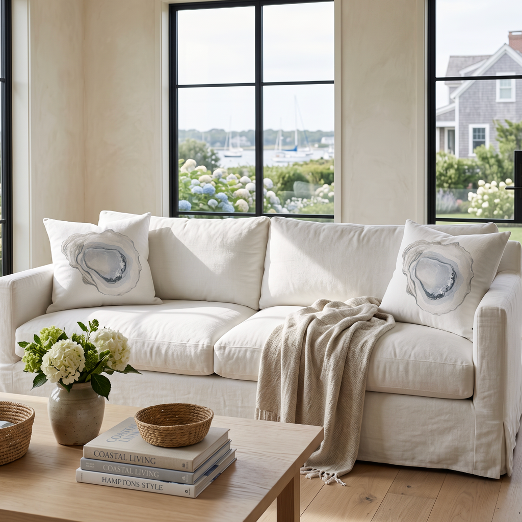 Neutral oyster shell throw pillow adding subtle nautical charm to beach house decor