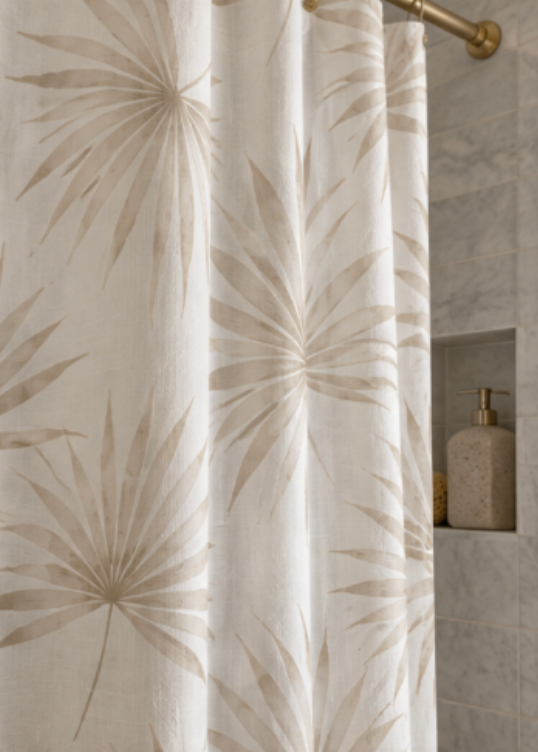 Neutral palm leaf shower curtain for elegant coastal bathroom decor