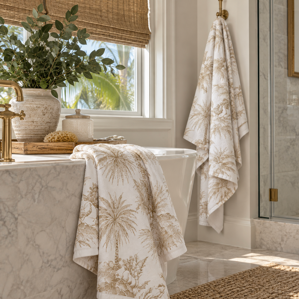 Neutral palm mink bath towel for a coastal bathroom