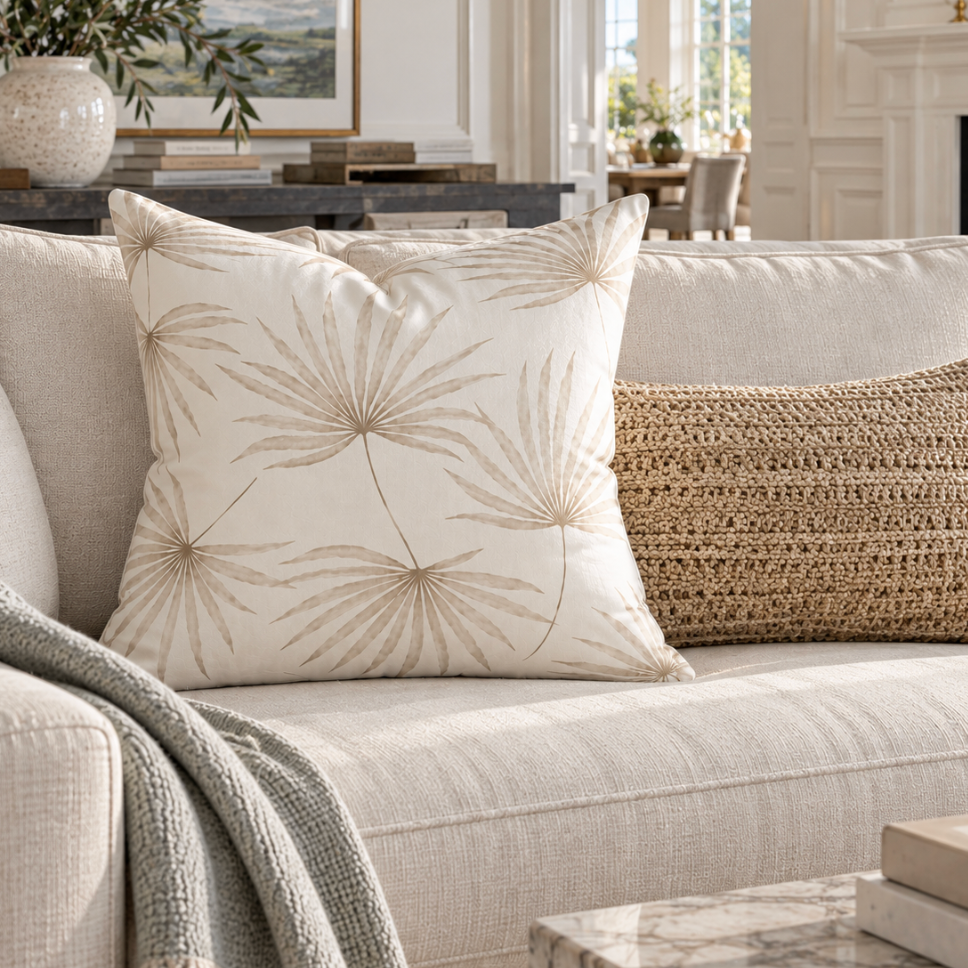 Neutral decorative pillow with a palm print for a relaxed coastal living room.