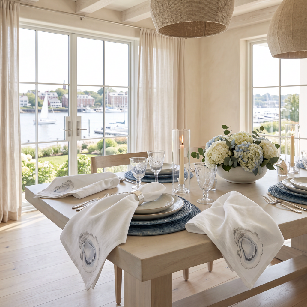 Durable pale neutral polyester cloth napkins featuring a delicate oyster shell motif in one corner for coastal dining and everyday use.