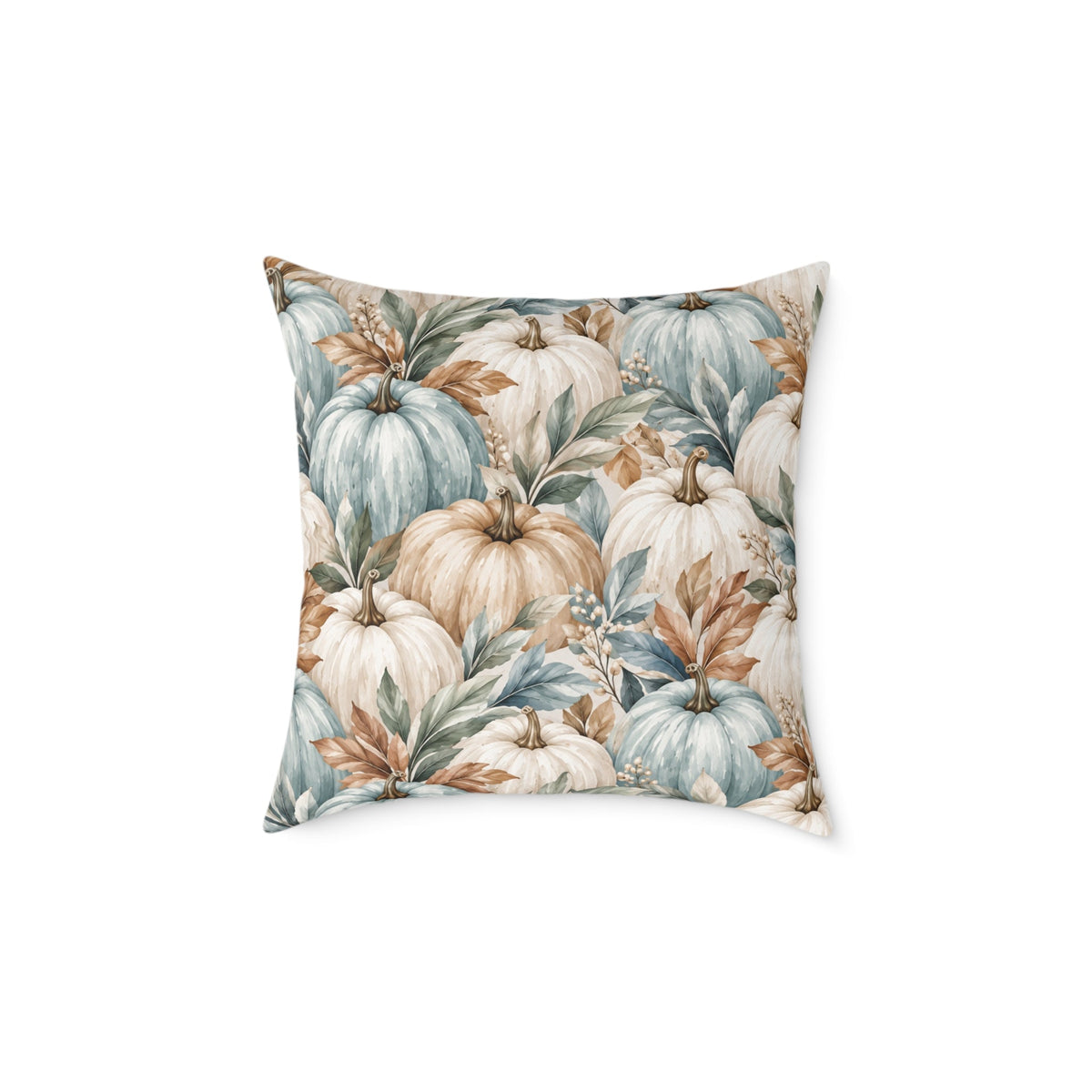 Neutral pumpkin botanical accent pillow with soft blue-gray gourds, ivory pumpkins, and leafy branches