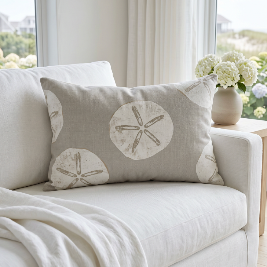 Textured neutral sand dollar decorative pillow on a couch with other coastal cushions