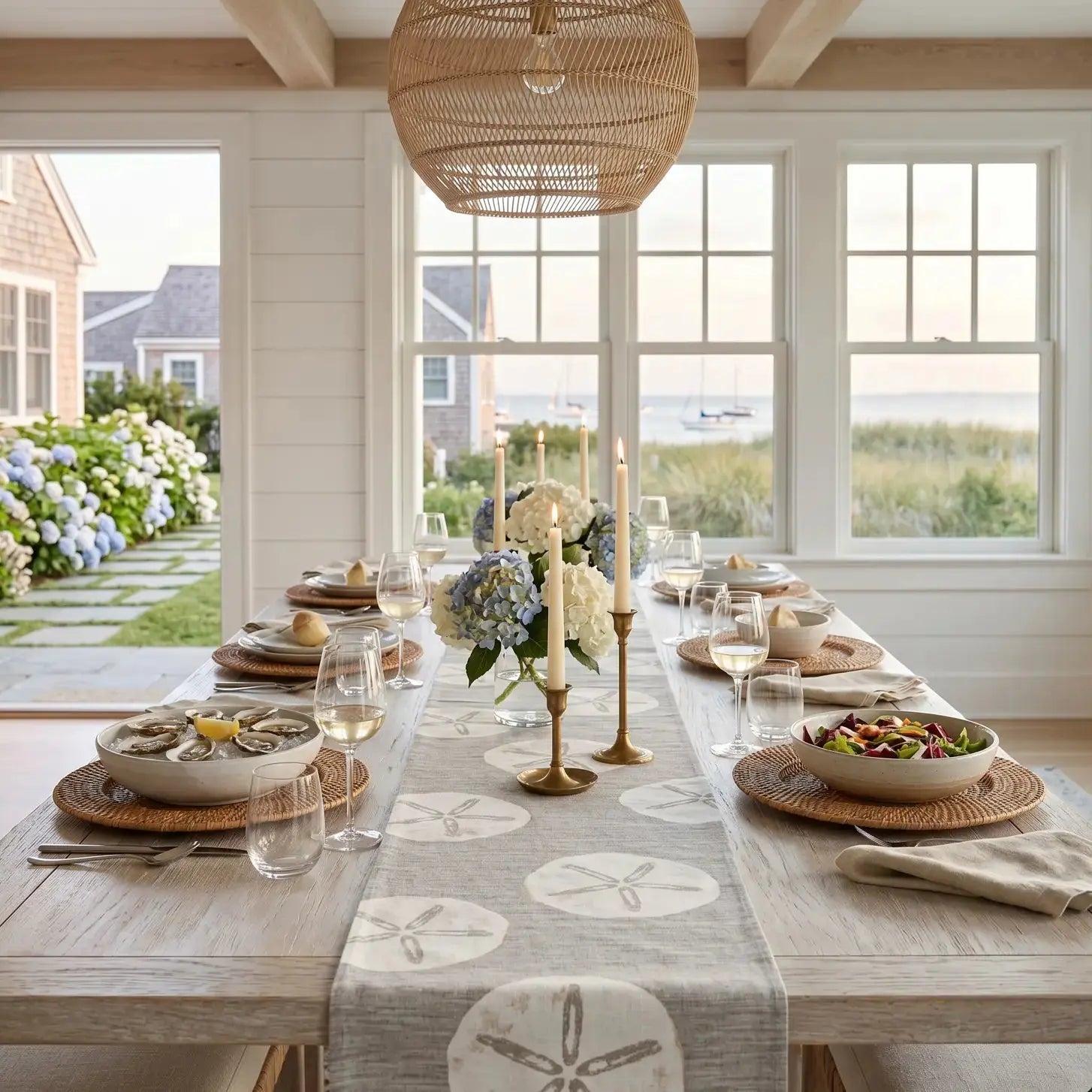 Neutral sand dollar table runner on a light wood farmhouse dining table