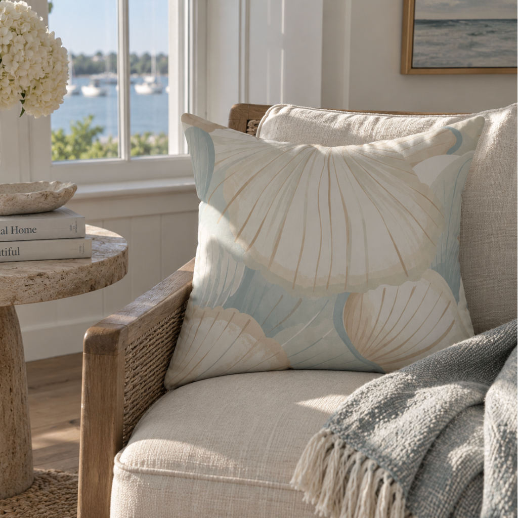 Neutral throw pillow featuring a delicate seashell pattern for coastal home décor.