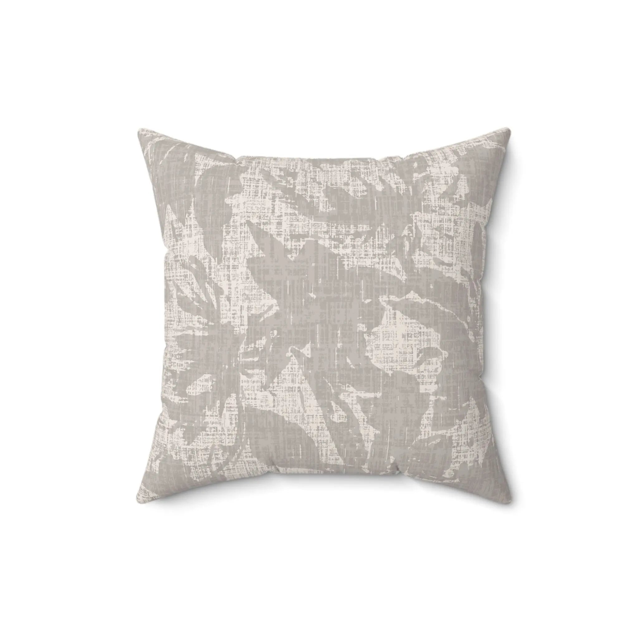 Stoneleaf Throw Pillow with neutral abstract leaf pattern on square decorative cushion.