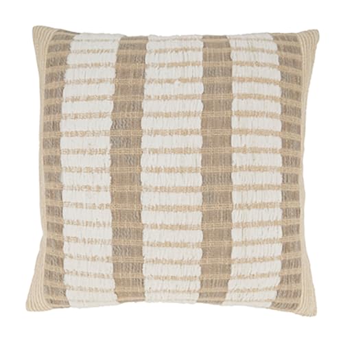 Neutral striped pillow with textured tan and cream vertical bands on a soft woven surface.