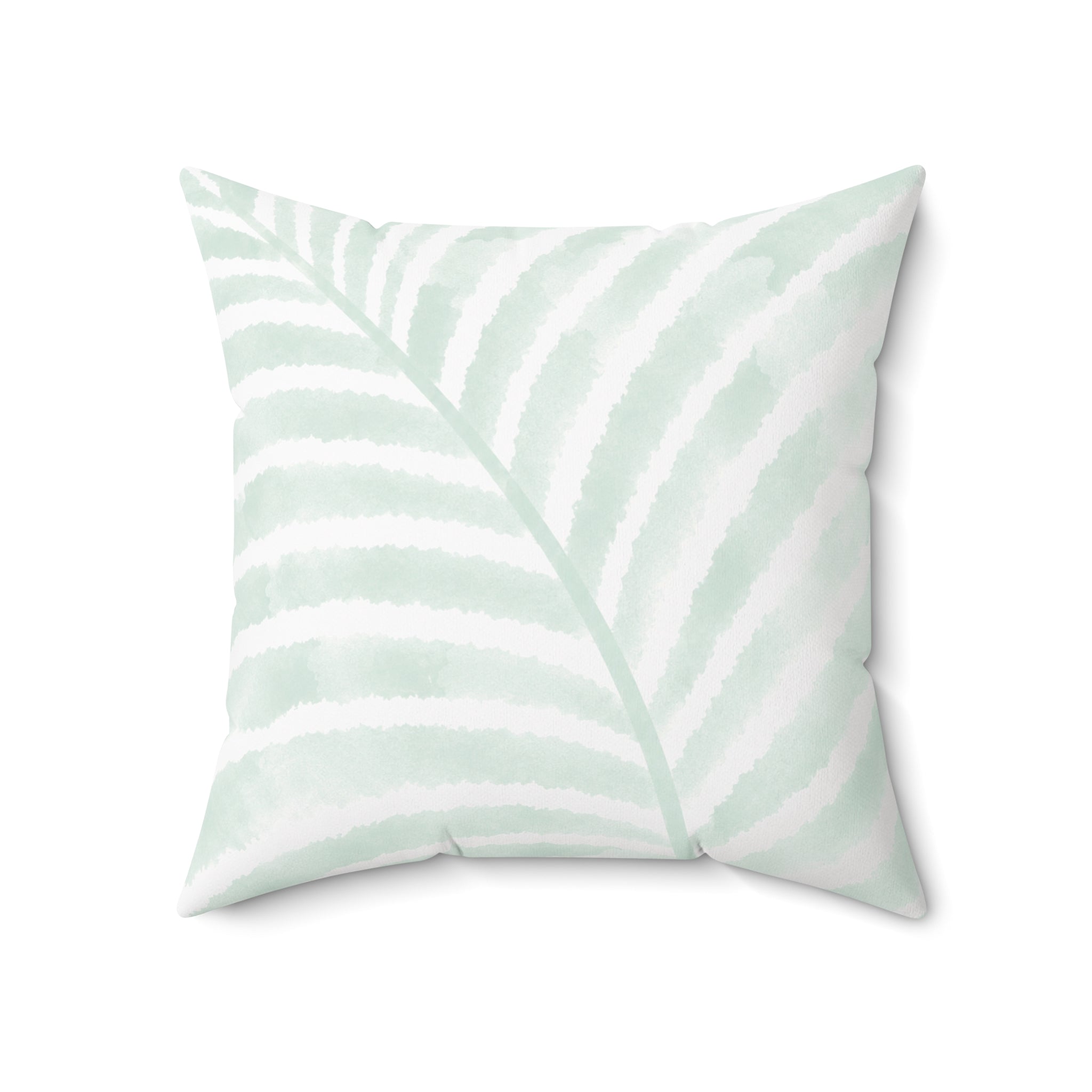 Square decorative pillow featuring a pale green palm frond design on a white background.
