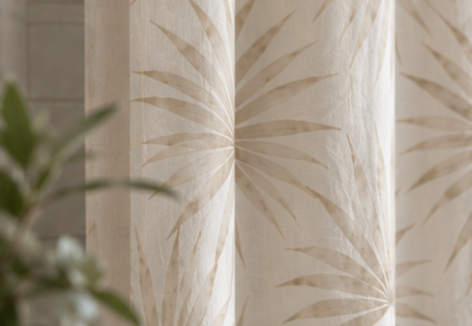 Neutral tropical palm shower curtain for coastal home bathroom decor