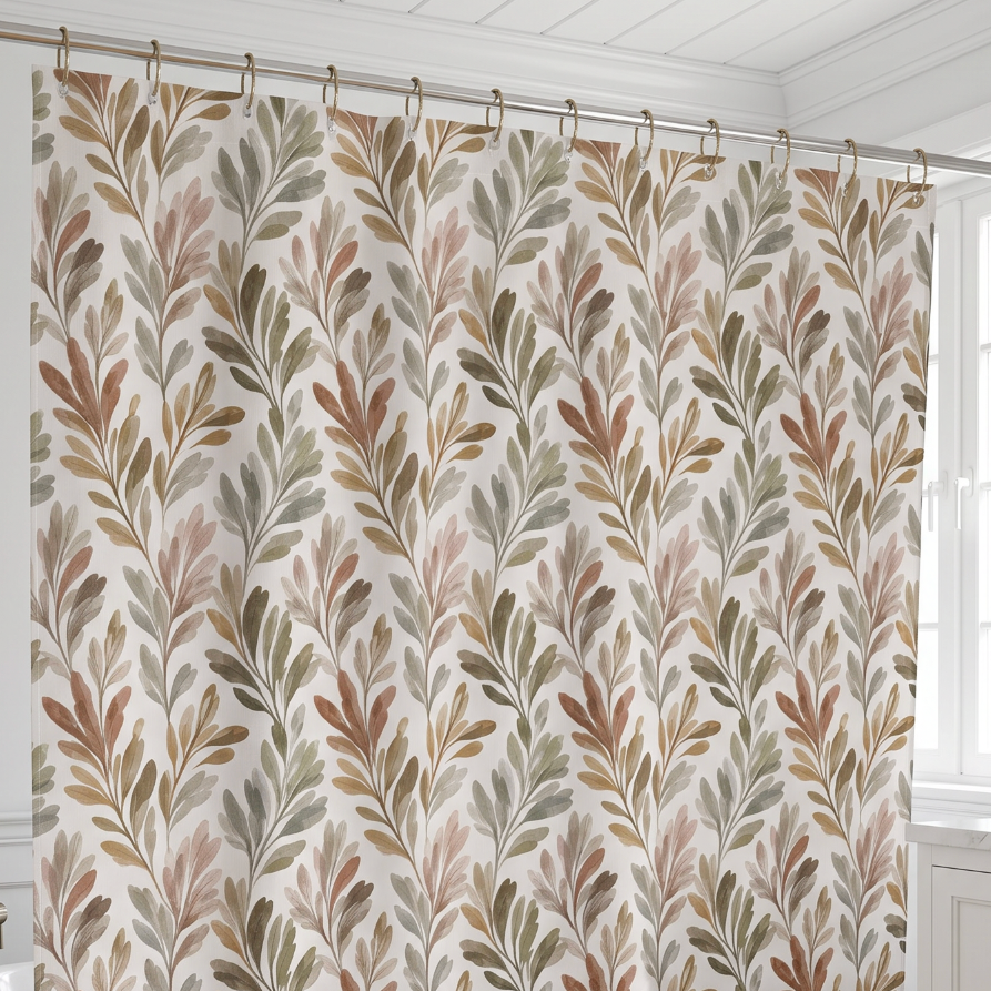 Soft earth‑tone leaf pattern shower curtain that adds gentle color to a modern neutral bathroom.