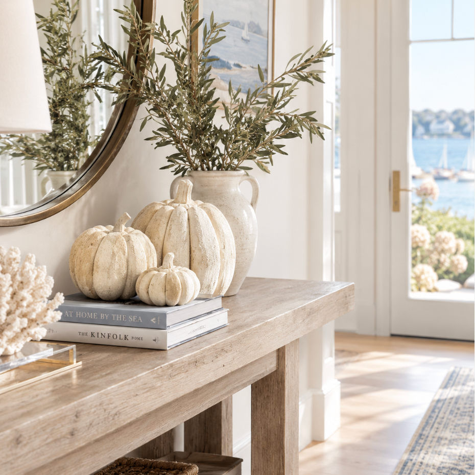 Neutral wooden pumpkin decor set with sculptural carved details and a pale natural finish