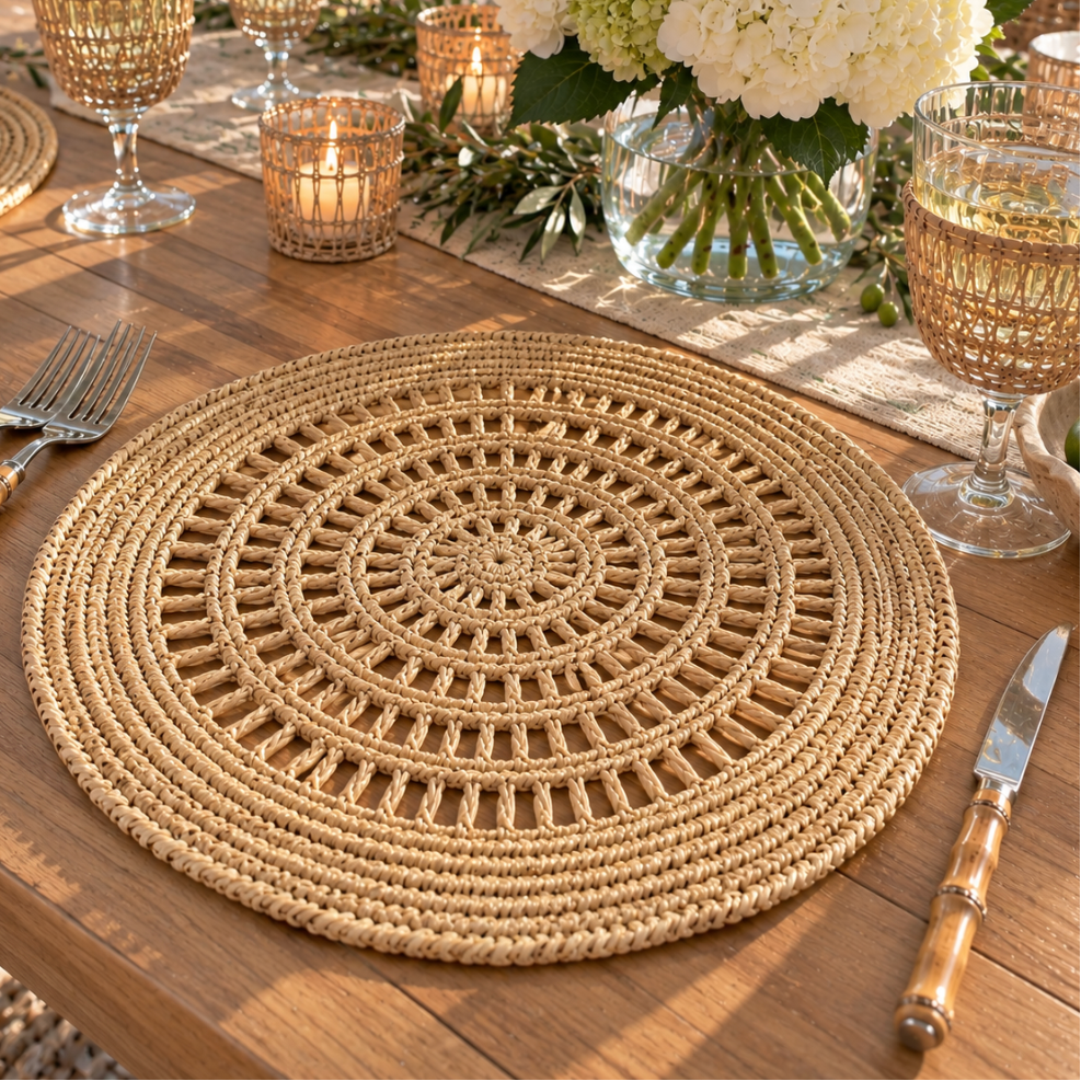 Neutral woven dining placemats with a natural textured design.