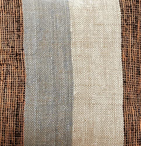 Oblong woven color block stripe pillow in soft blue and natural brown tones designed for contemporary seating areas.