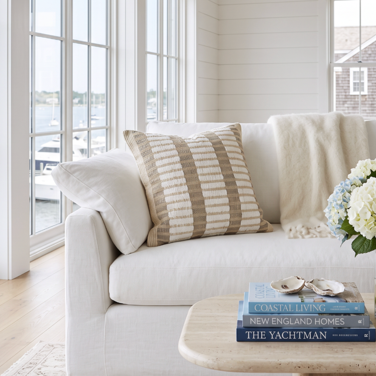 Square or lumbar neutral pillow with raised woven stripes ideal for coastal cottage decor.