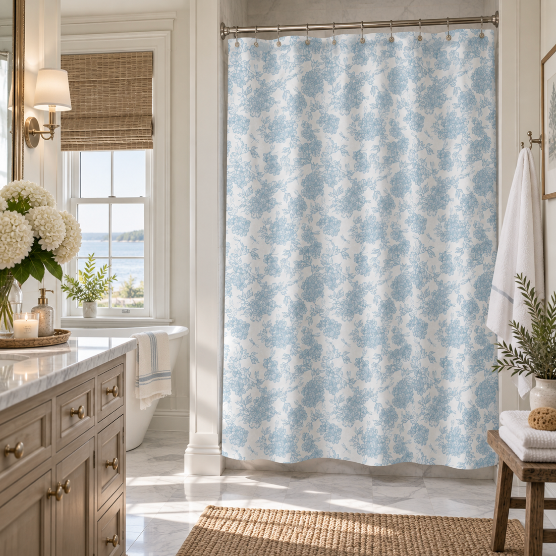 New England coastal hydrangea shower curtain with blue floral artwork for a cottage bathroom