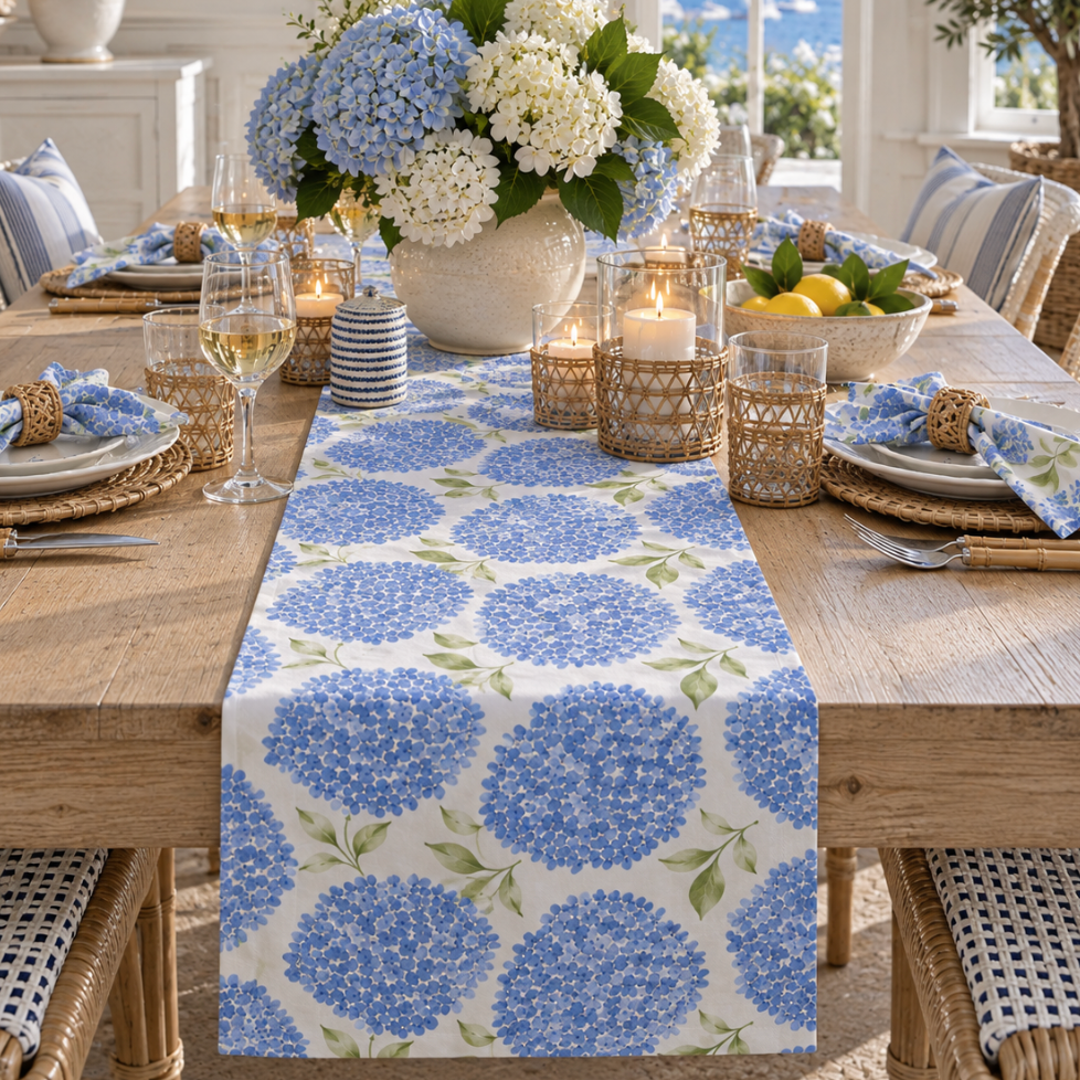 New England hydrangea table runner with classic blue flower clusters on ivory