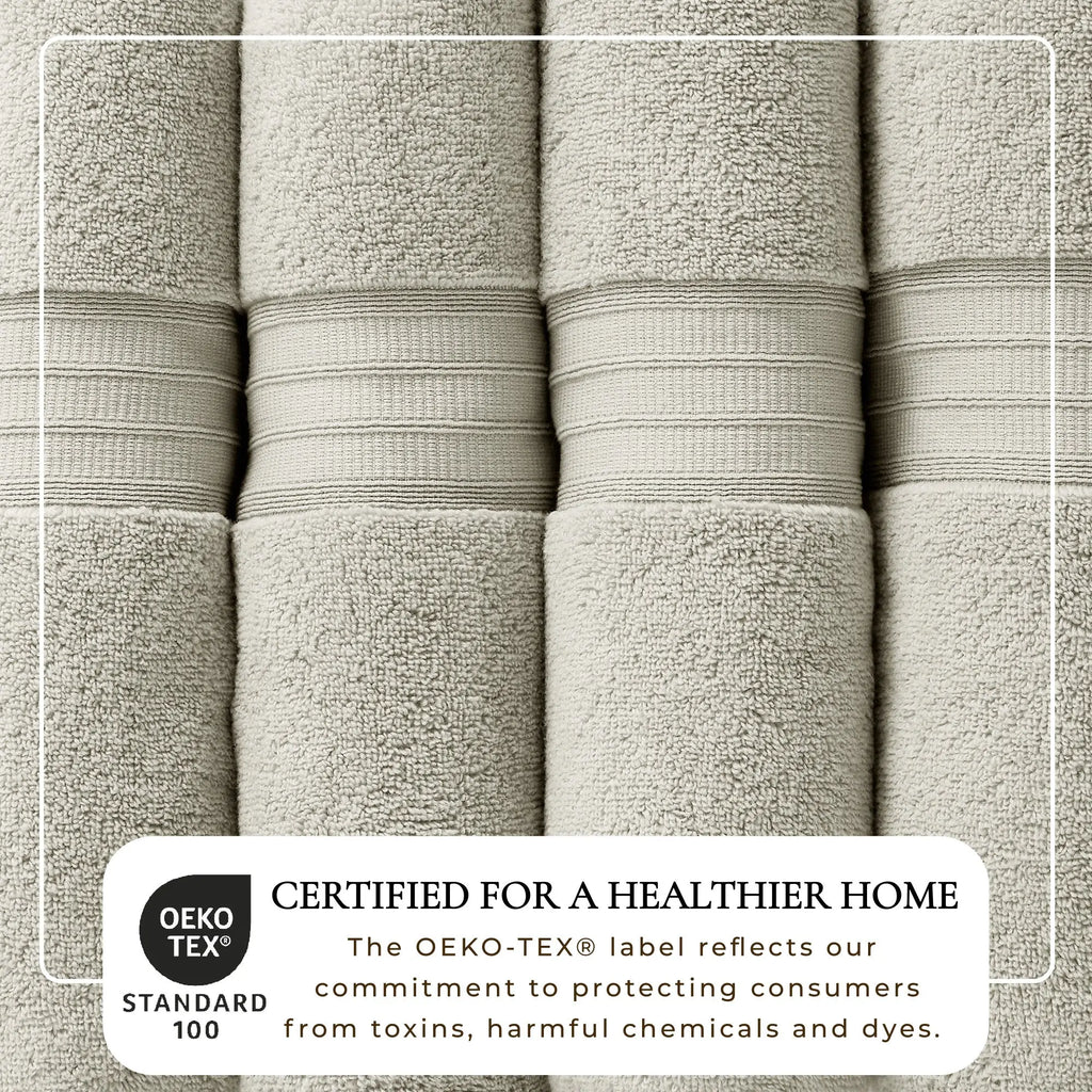 100% cotton bath towel set, Chiara Collection; beige with textured band accents; OEKO-TEX Standard 100 certified.