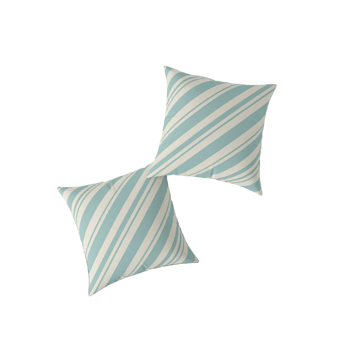 Non-traditional Christmas decor pillow in dusty blue and cream stripes, a soft alternative to red and green