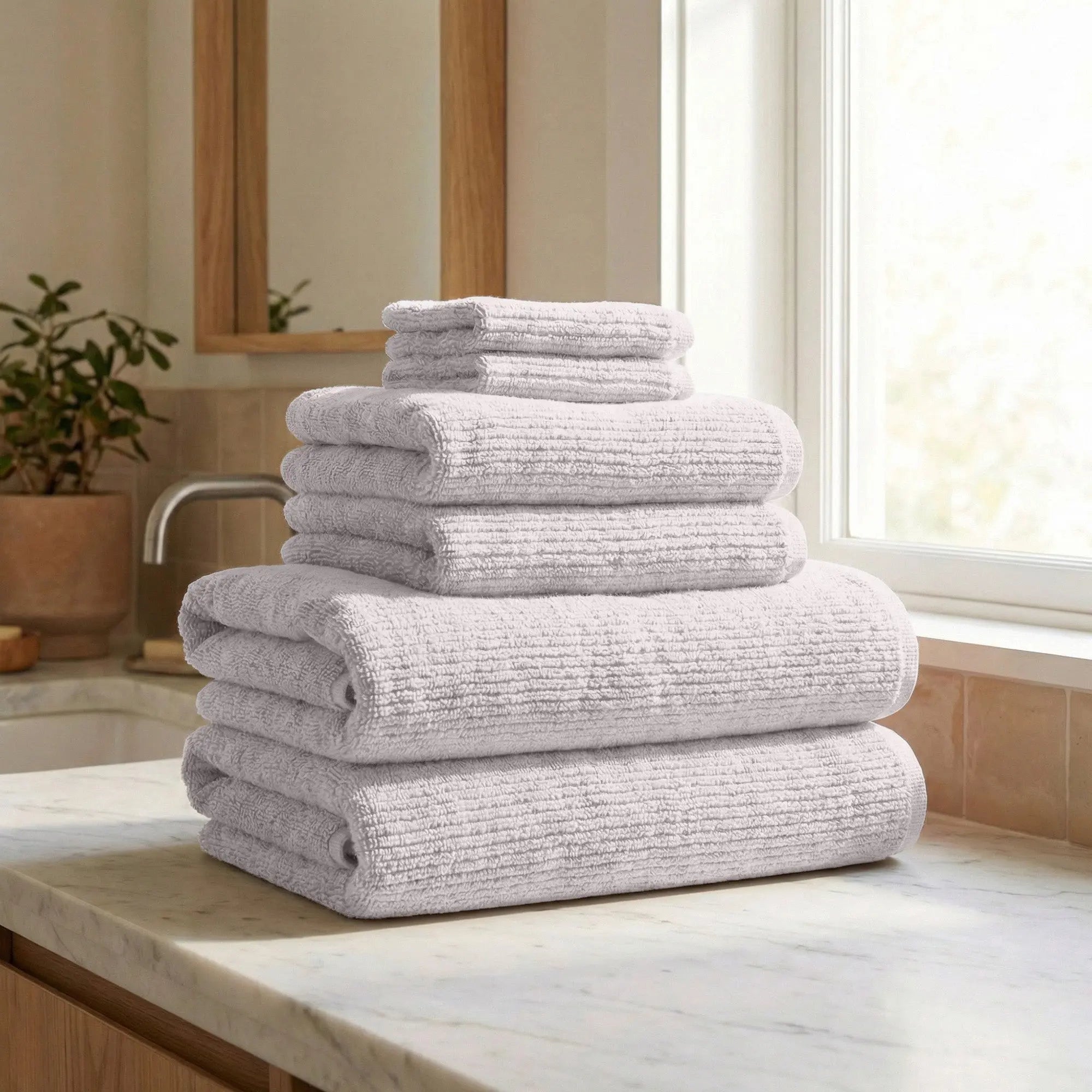 Great Bay Home 6-Piece Turkish Cotton Ribbed Bath Towel Set, white towels on a marble counter
