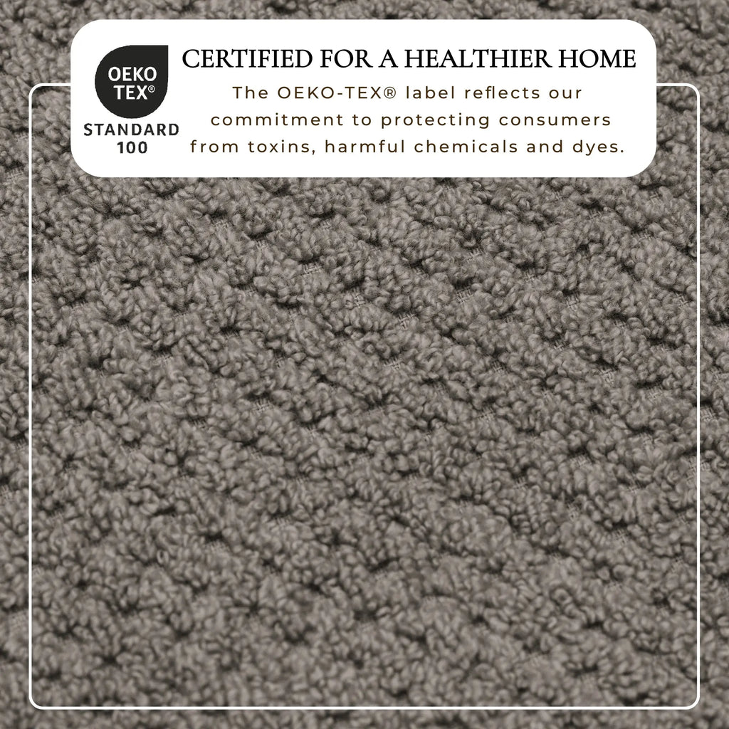 Gray 100% cotton bath towel close-up texture with OEKO-TEX label