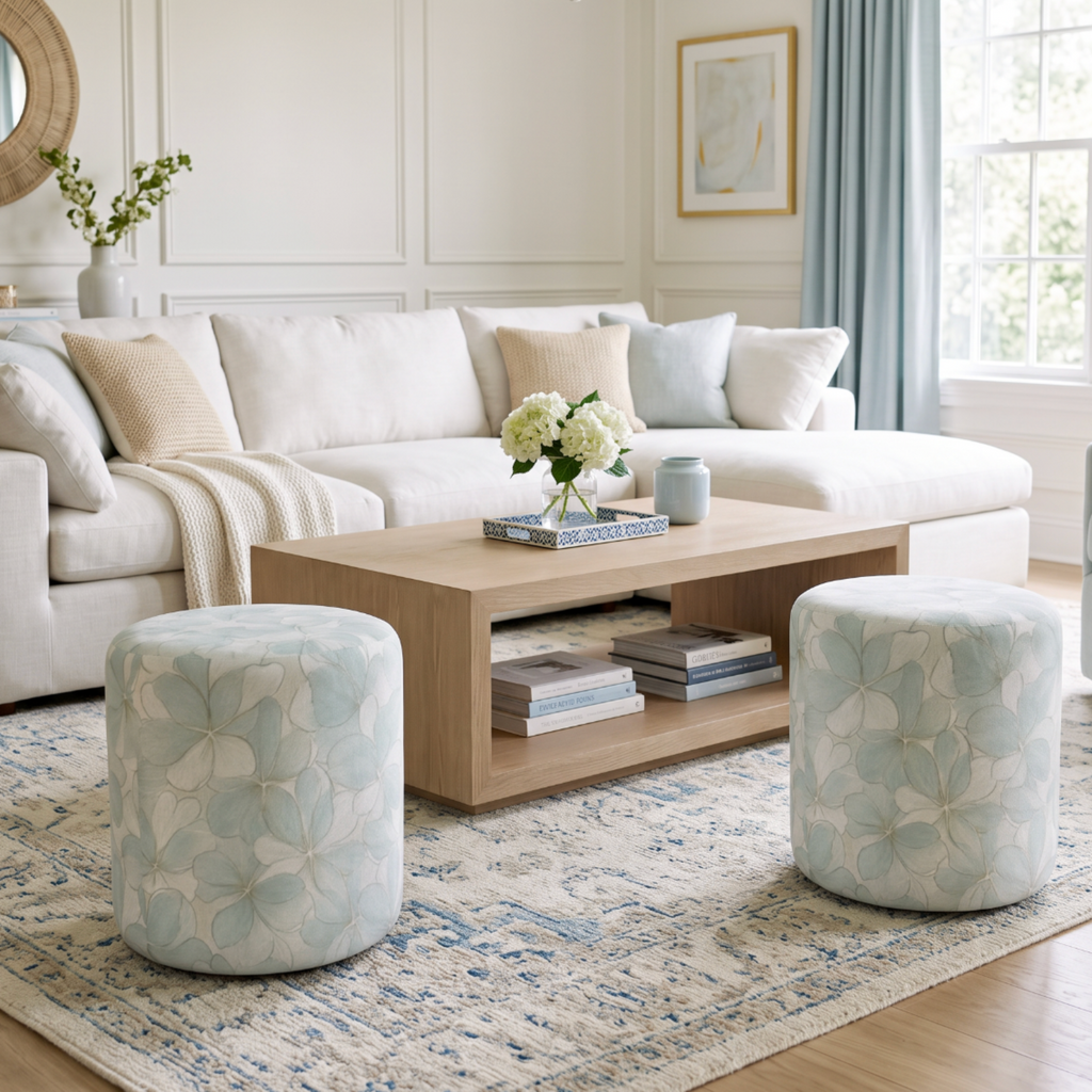 Round pale blue poufs with large white and aqua flower patterns, styled as footrests or extra seats.