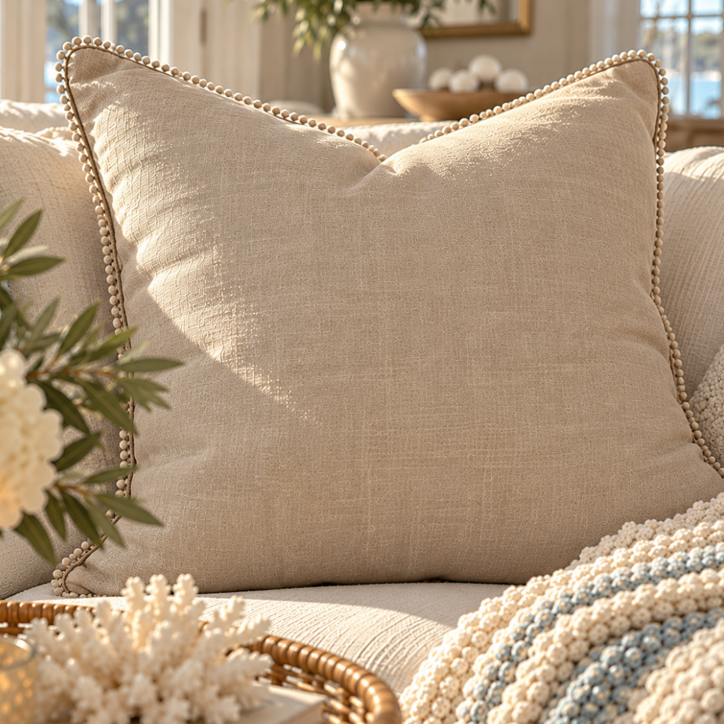 Oatmeal beige linen-look throw pillow with pom pom trim for neutral coastal farmhouse styling