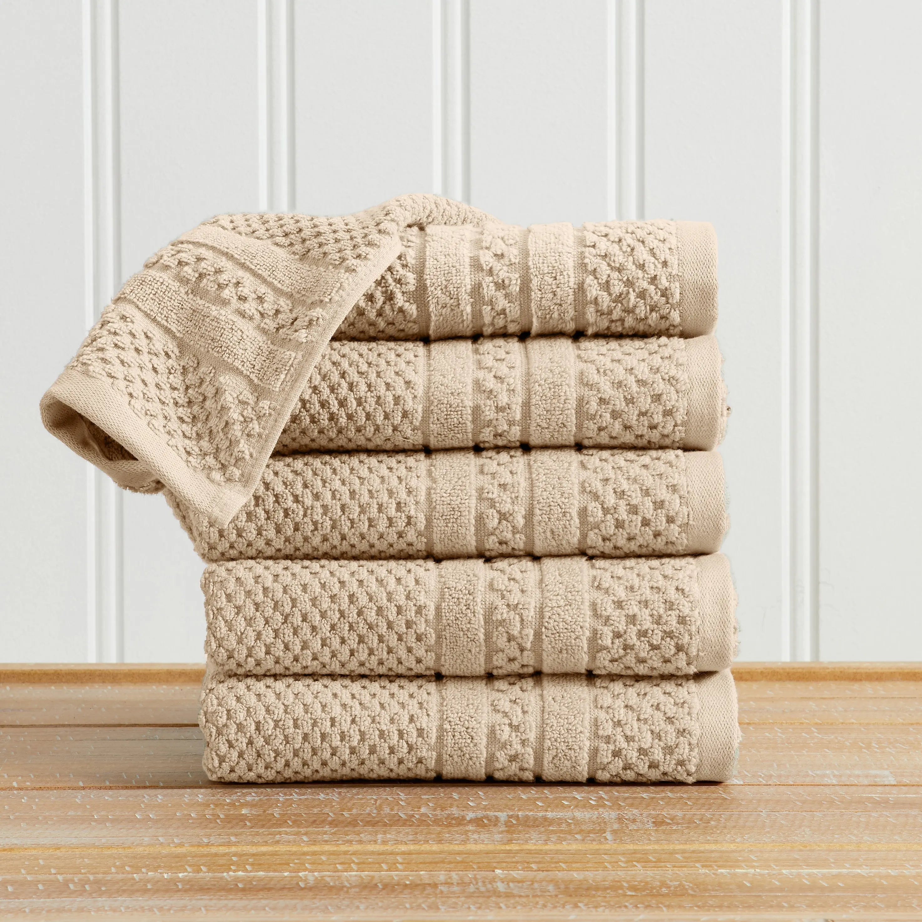 Bath towel set, 5 beige checkered jacquard towels, 100% cotton from Great Bay Home Giuliana Collection