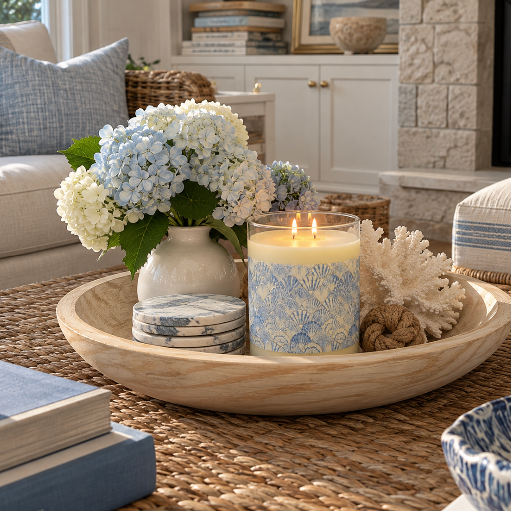 Ocean waves candle styled as beach house home decor