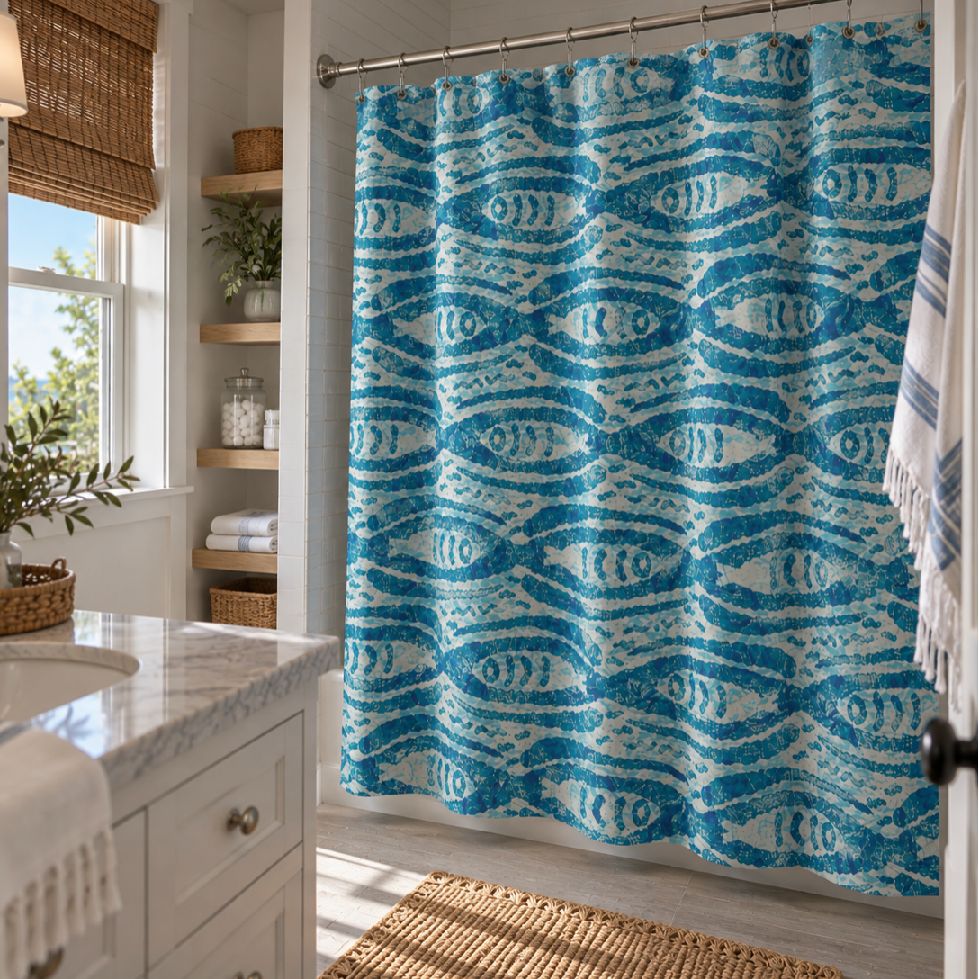 Coastal nautical fish print bathroom shower curtain in shades of blue