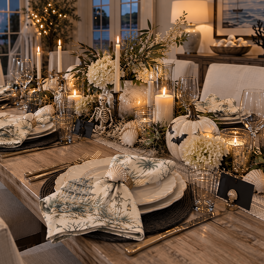 Ocean-inspired Halloween linen napkins for coastal kitchen and dining room décor