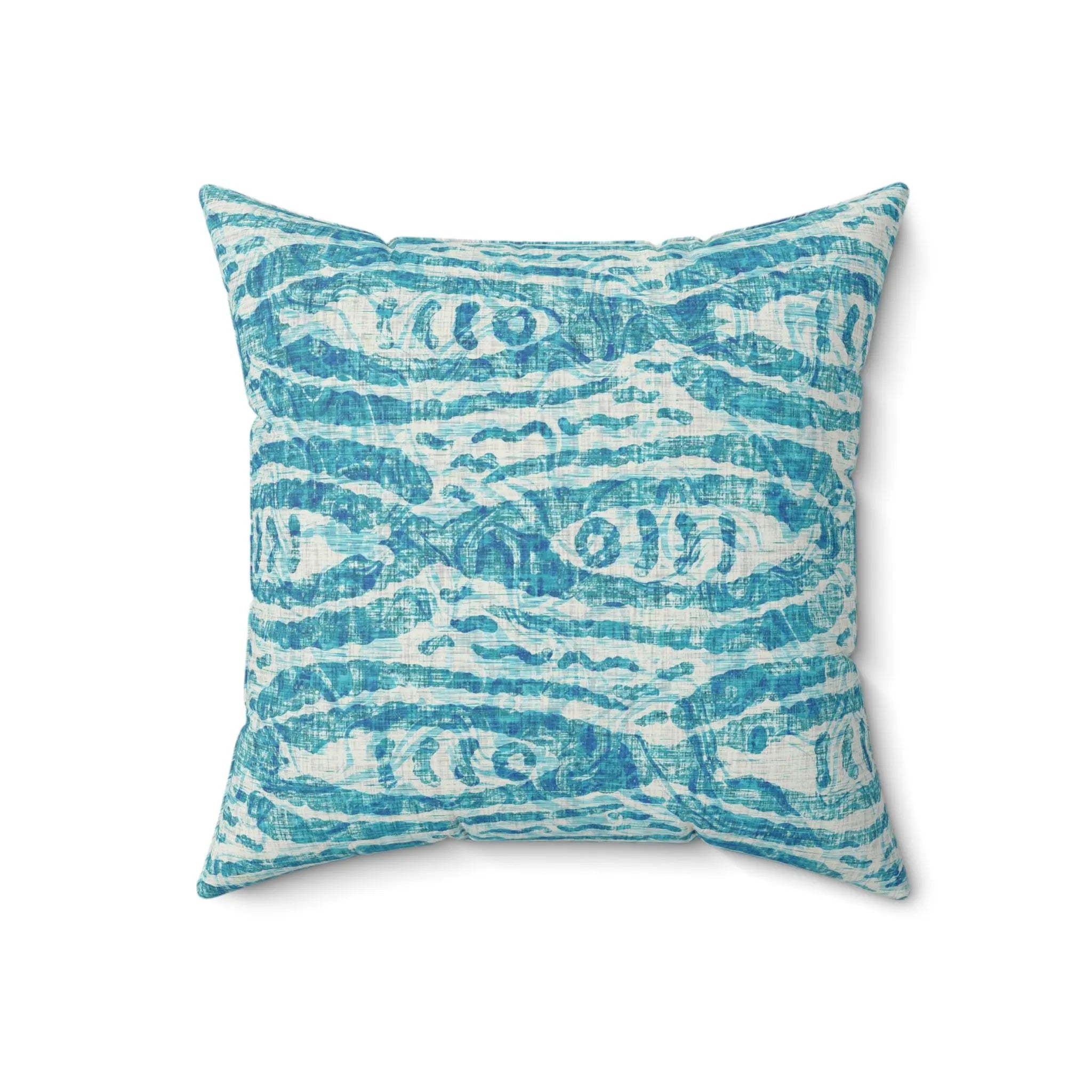 Turquoise fish-pattern throw pillow with ocean-inspired teal and white motif for coastal decor.
