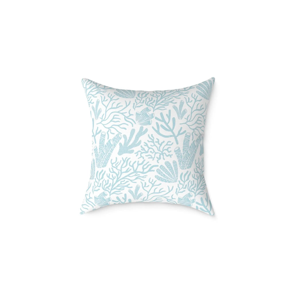 Coral Gardens Throw Pillow with aqua coral reef pattern on white background.