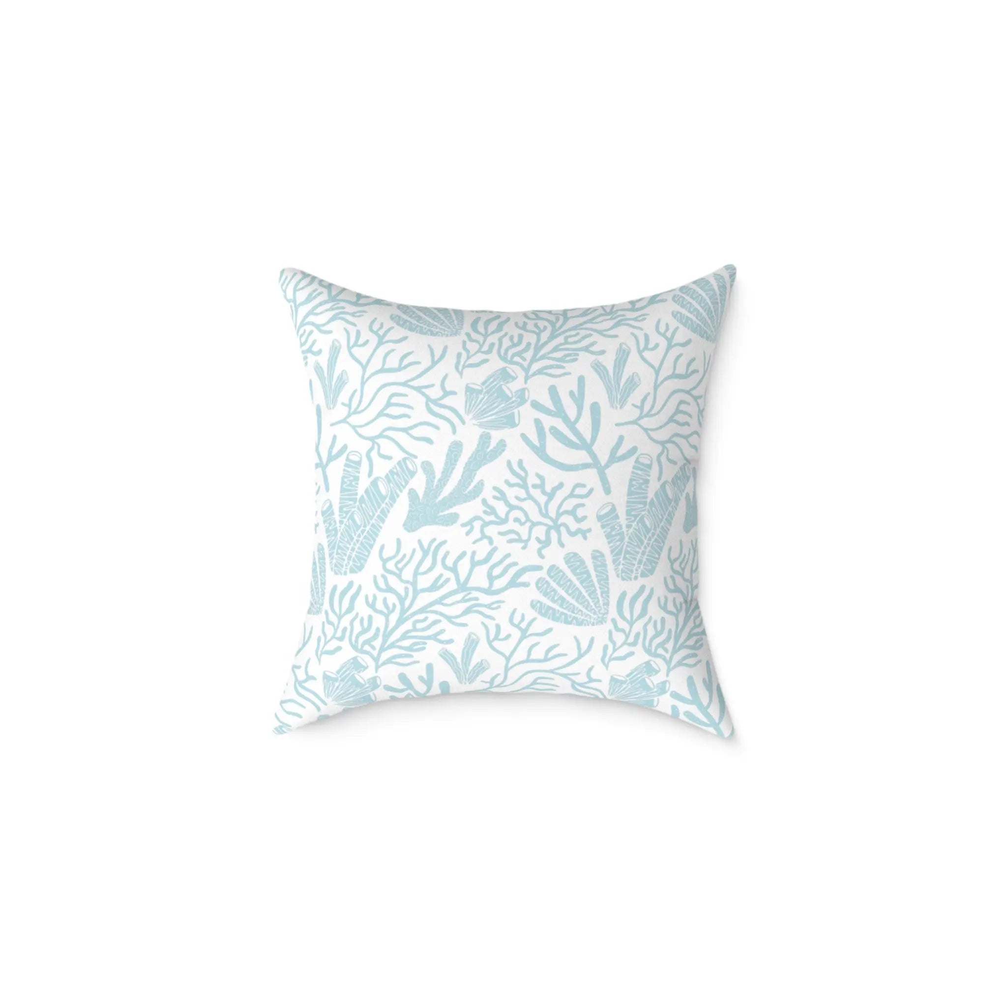 Coral Gardens Throw Pillow with aqua coral reef pattern on white background.