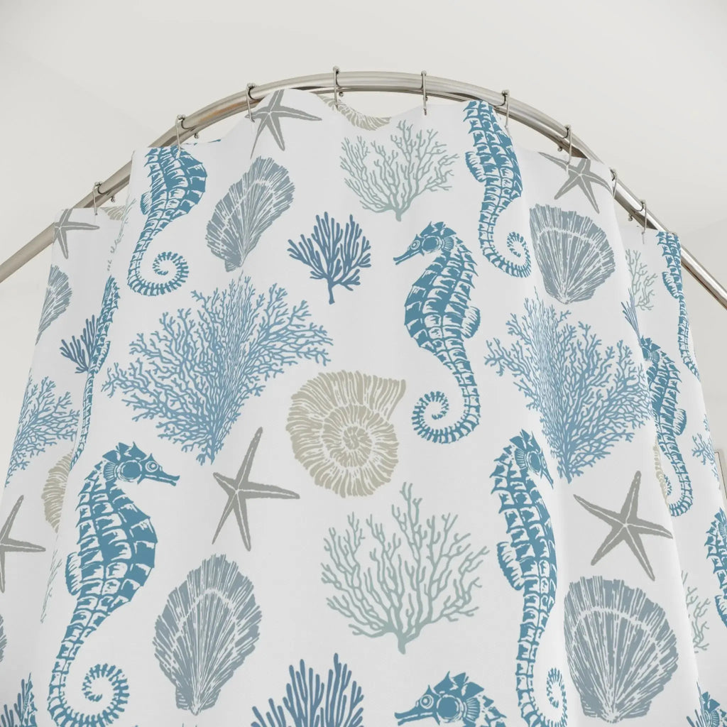 Coastal seahorse shower curtain with nautical ocean-inspired design