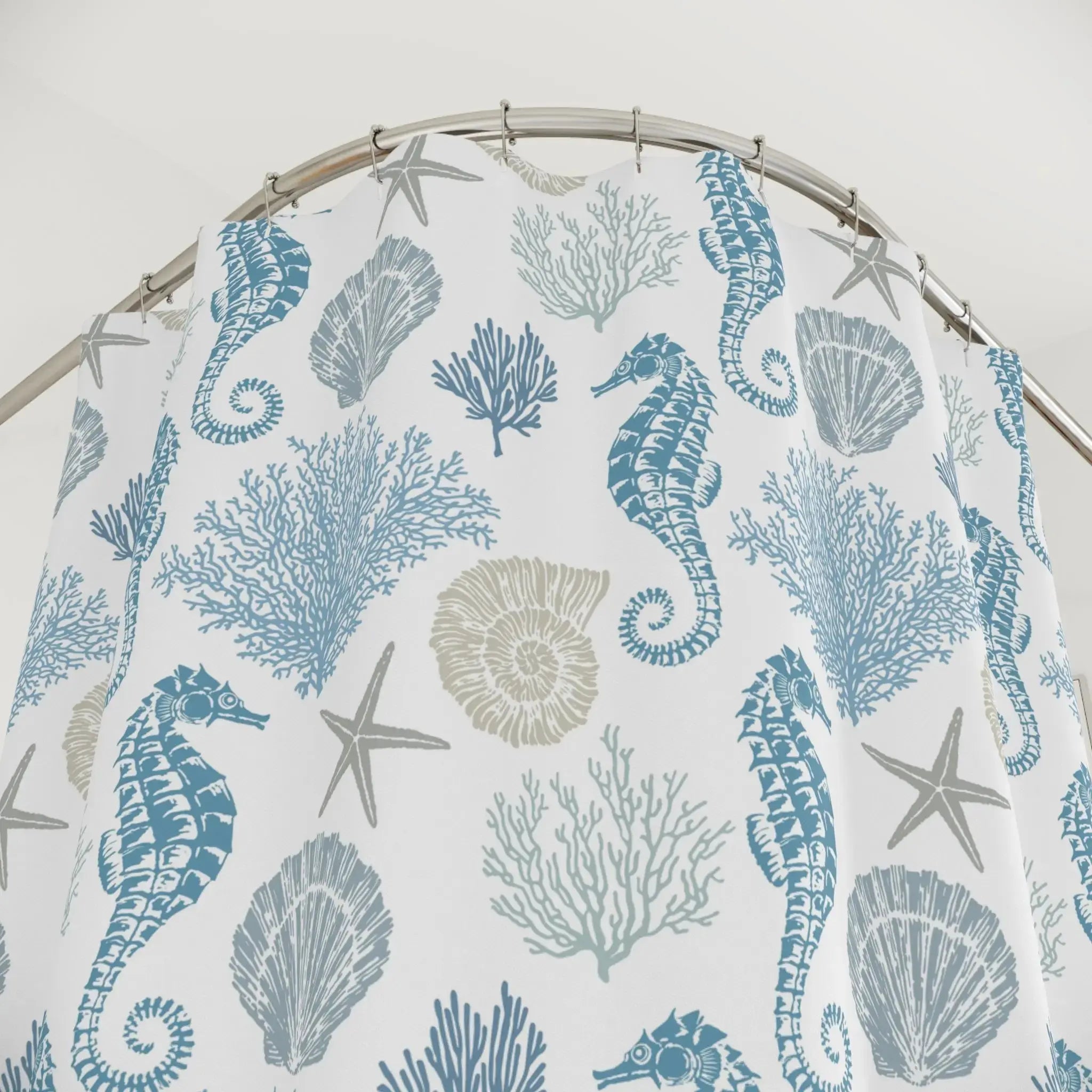 Coastal seahorse shower curtain with nautical ocean-inspired design