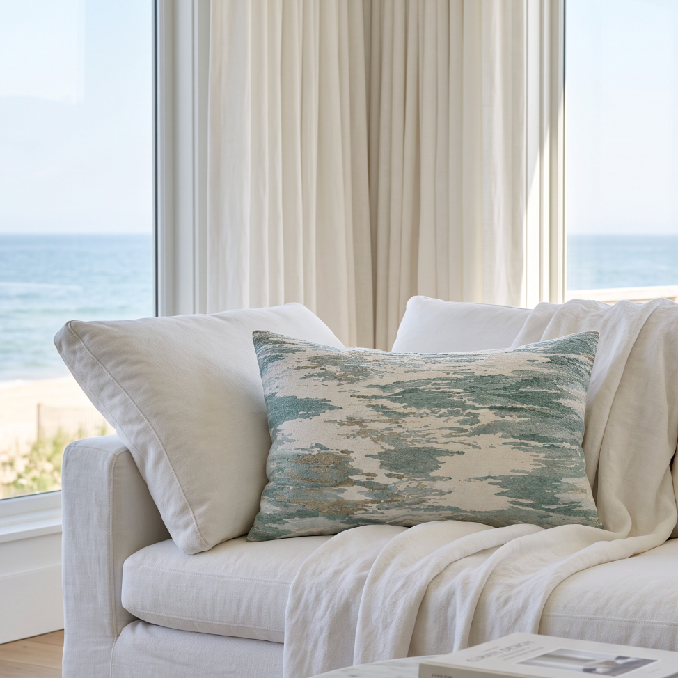 Ocean inspired watercolor lumbar throw pillow in pale blue hues for modern coastal decor.