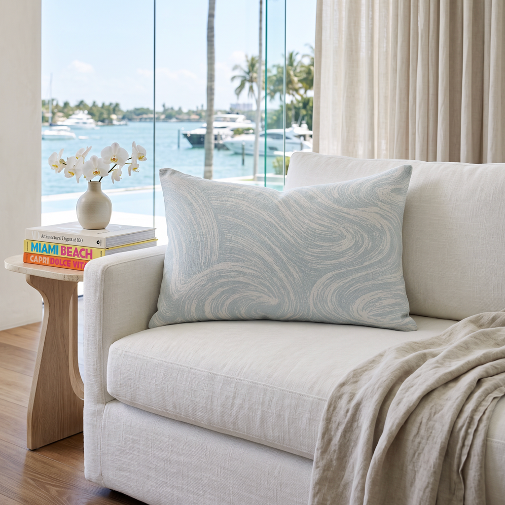Ocean wave inspired seafoam lumbar pillow designed for a neutral coastal living room or lounge