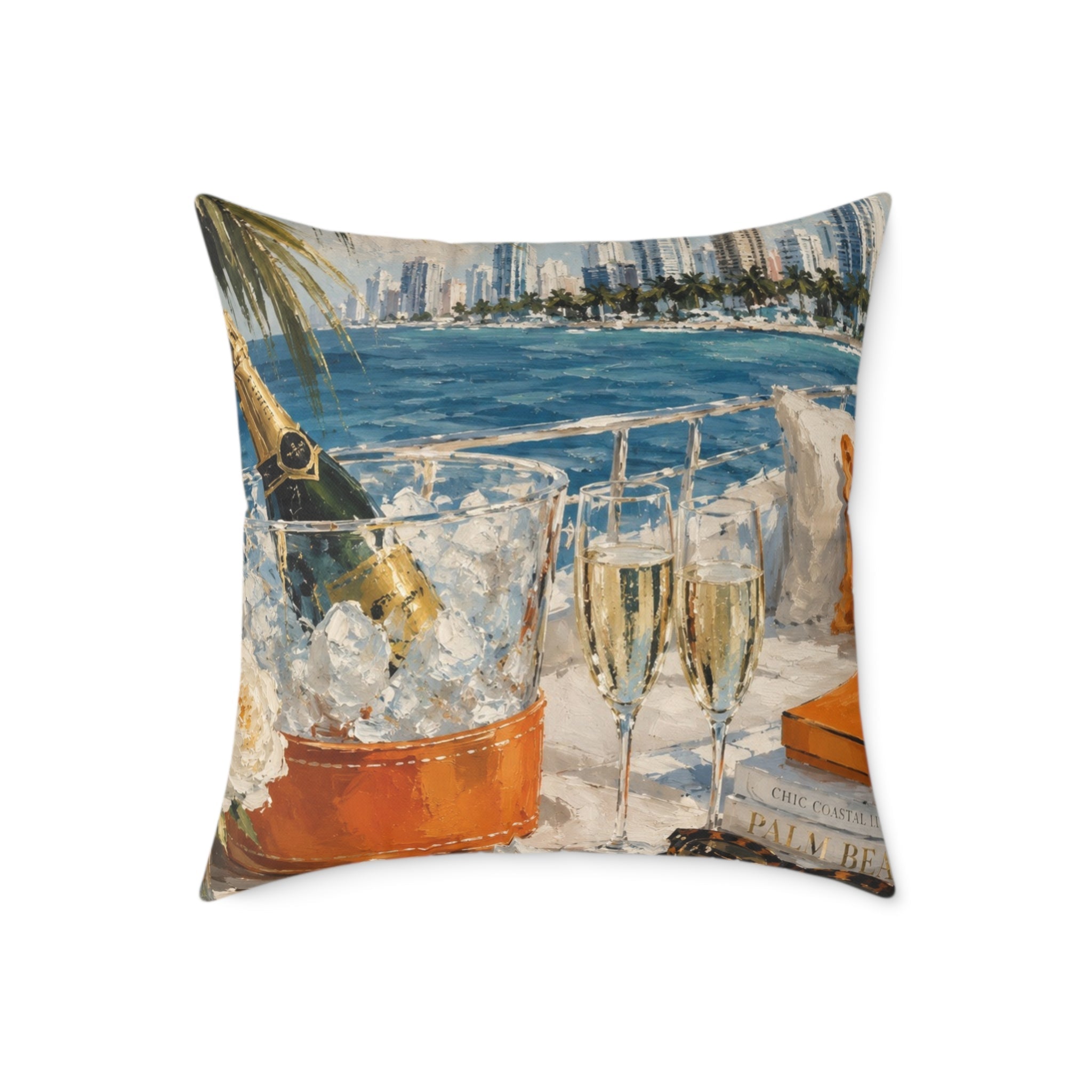 Oceanfront yacht champagne art throw pillow perfect for a luxury beach condo.