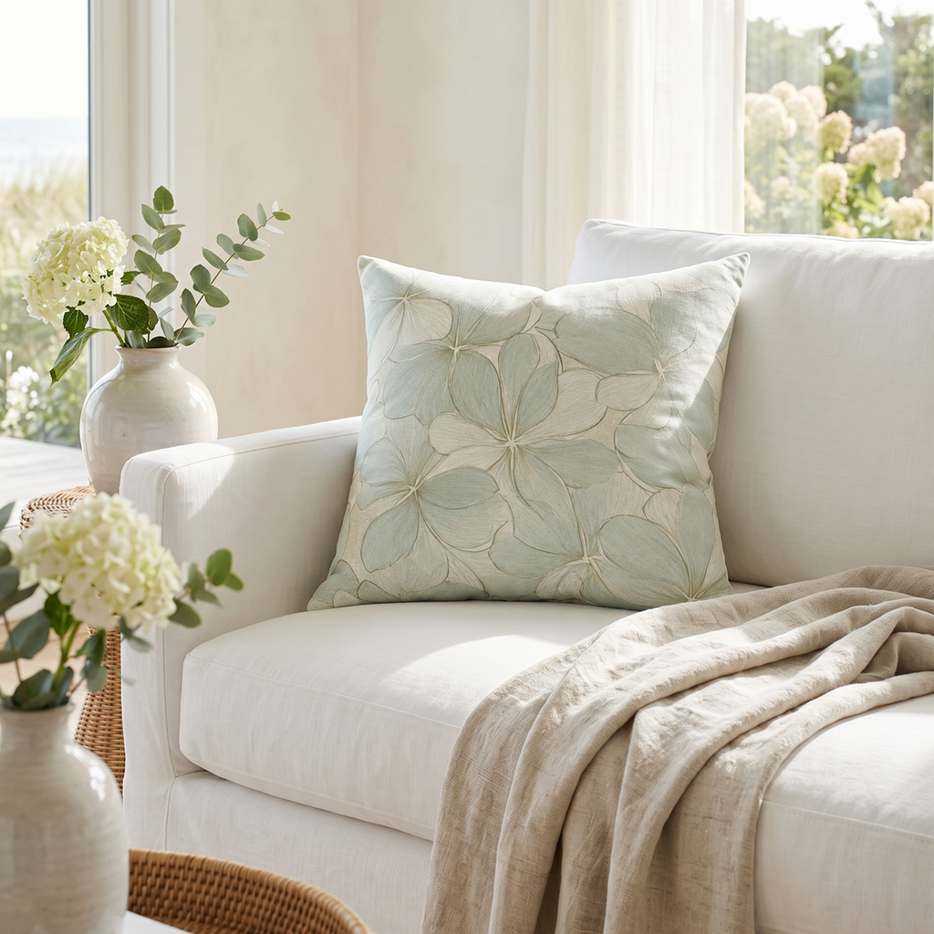 Soft blue and ivory coastal floral throw pillow styled on a neutral sectional for beach house decor.
