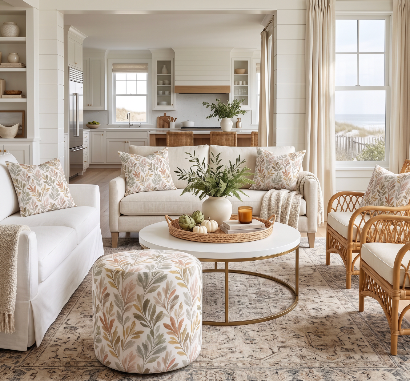 Neutral decorative pillow featuring olive leaves in muted green, taupe, blush, and rust tones.
