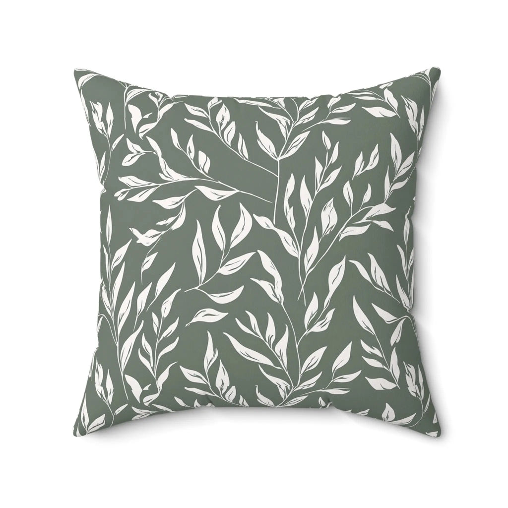 Willow Sage Throw Pillow with white botanical leaves on sage green background.