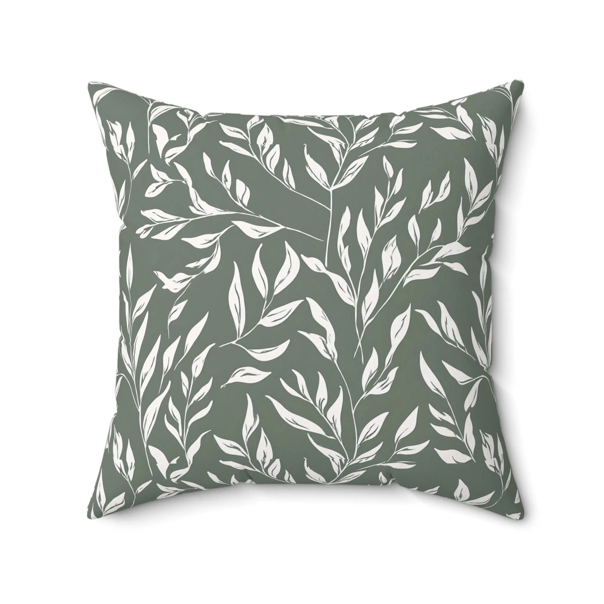 Willow Sage Throw Pillow with white botanical leaves on sage green background.