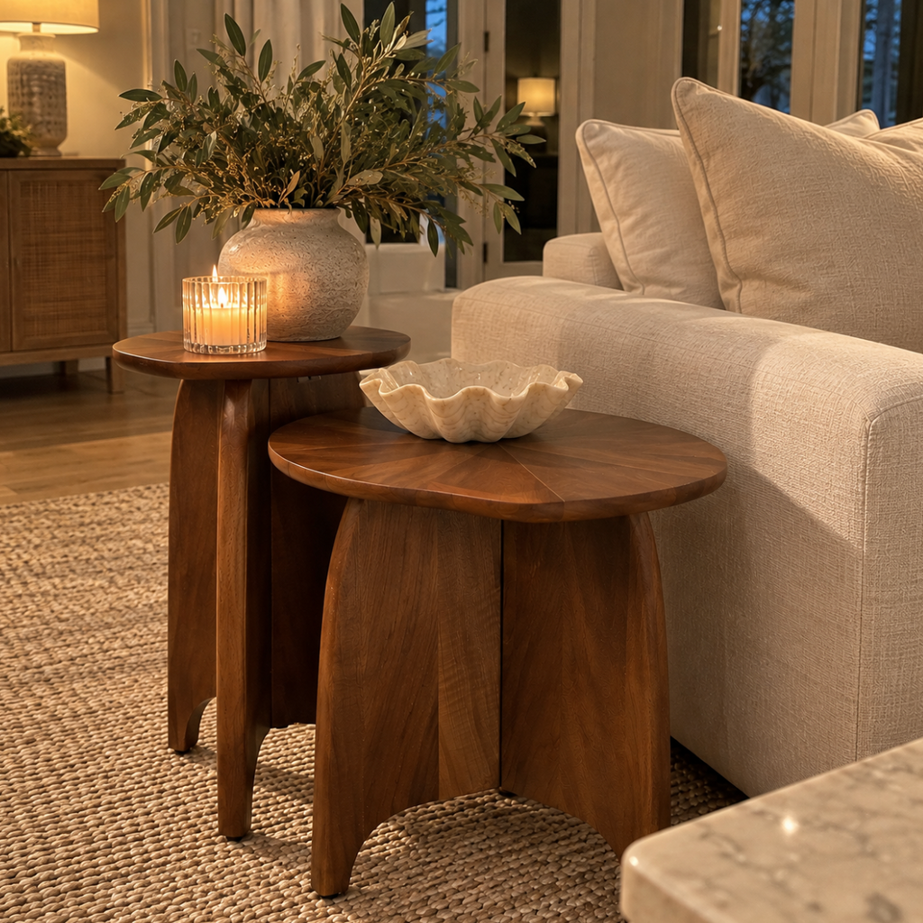 Organic modern wooden accent table with a sculptural silhouette styled beside an upholstered chair in a neutral living space.