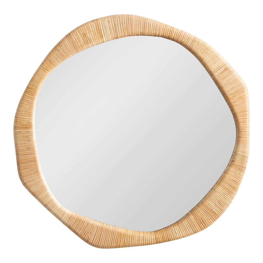 Organic rattan mirror featuring a softly curved natural frame.