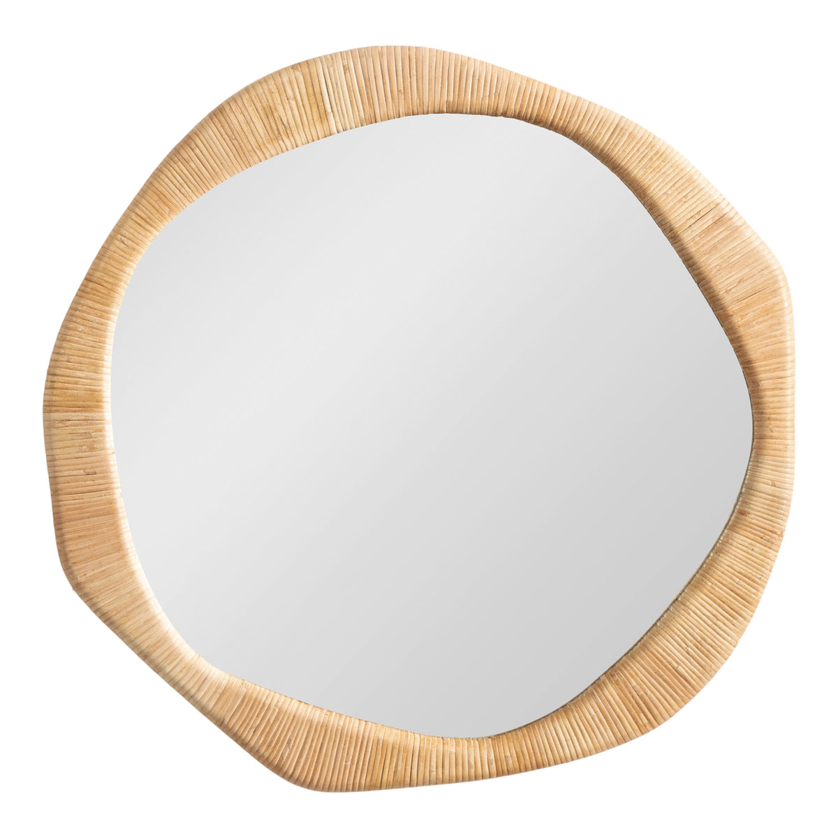 Organic rattan mirror featuring a softly curved natural frame.