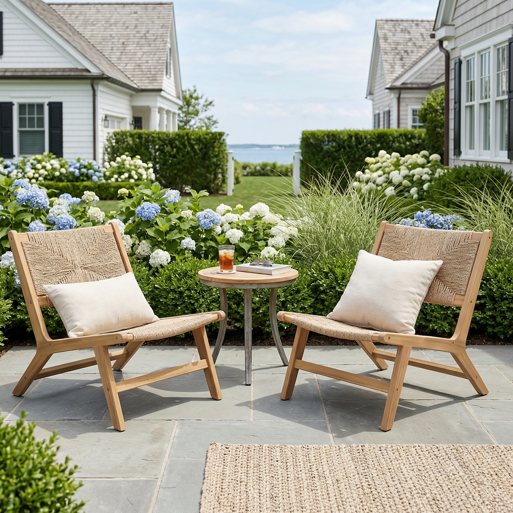 Acacia wood lounge chair on coastal patio with poolside styling