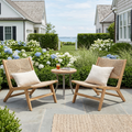 Acacia wood lounge chair on coastal patio with poolside styling